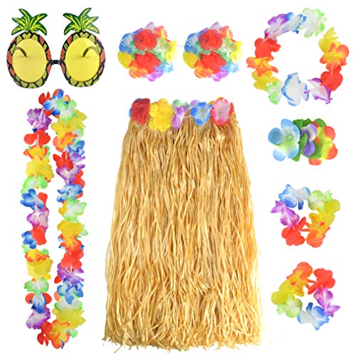 baotongle 8 Stück Hawaii Party Kostüm Set mit Halskette Armbänder Stirnband Blume BH Haarblume und Ananas Sonnenbrille für Beachparty Deko Gelb 60cm von baotongle