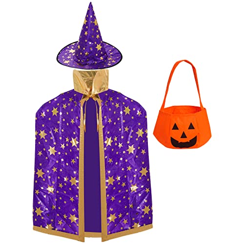 baotongle Kinder Halloween Kostüm Hexe Zauberer Umhang mit Hut Kürbis Süßigkeitentasche für Cosplay Party Carnival von baotongle