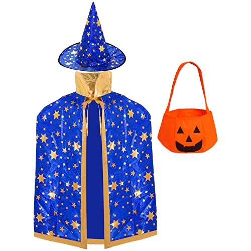 baotongle Kinder Halloween Kostüm Hexe Zauberer Umhang mit Hut Kürbis Tasche für Cosplay Party (Blau) von baotongle