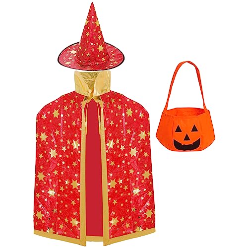 baotongle Halloween Kostüm Hexe Zauberer Umhang mit Hut Kürbis Tasche für Cosplay Party (Rot) von baotongle