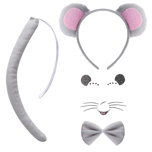 baotongle Maus Kostüm Set, Maus Gesicht Kunst Aufkleber, Tier Maus Stirnband Fliege, Maus Ohren Stirnband für Kostüm Party Dekoration Zubehör (Maus Kostüm) von baotongle