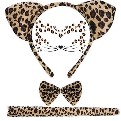 baotongle Leopard Kostüm Set, Leopard Gesicht Kunst Aufkleber, Tier Leopard Stirnband Fliege, Leopard Ohren Stirnband für Kostüm Party Dekoration Zubehör von baotongle