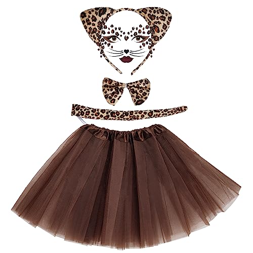 baotongle Leopard Kostüm Set Tier Leopard Stirnband Fliege Tutu Rock Leopard Gesicht Kunst Aufkleber Leopard Ohren Stirnband für Kostüm Party Dekoration Zubehör, Einheitsgröße, Brown von baotongle