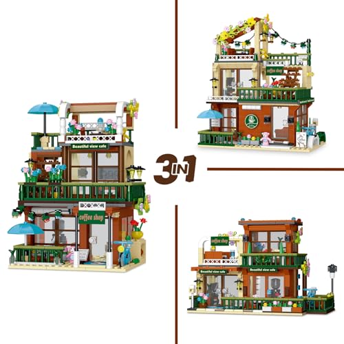 Klemmbausteine Haus Terrassencafé 3-in-1Architecture Häuser Bausteine Modell Bausatz, Stadthaus Architektur Gebäude House Modular Building Set für Erwachsene und Kinder (875 Teile) von barweer