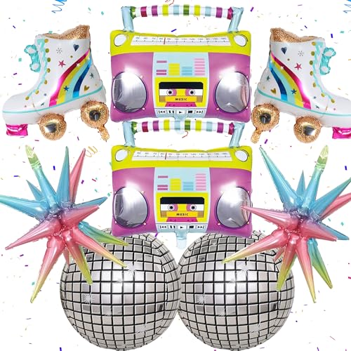 Disco Regenbogen Rollschuh Luftballons - 8 Stück Disco Folienballon Dekoration Explodierender Stern Radio Skates 4D Disco Ballons für Männer Frauen Geburtstag Party Dekor 80er 90er Jahre Themed Hip von batnite