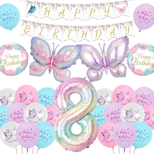 Luftballons zum 8. Geburtstag – 40 Stück Schmetterlingsdekoration für Kinder, Farbverlauf, Happy Birthday-Banner, Nummer 8, Schmetterlings-Folienballon für Mädchen, 8 Jahre, buntes Partyzubehör Luftballons zum 8. Geburtstag – 40 Stück Schmetterlingsdekoration für Kinder, Farbverlauf, Happy Birthday-Banner, Nummer 8, Schmetterlings-Folienballon für Mädchen, 8 Jahre, buntes Partyzubehör von batnite