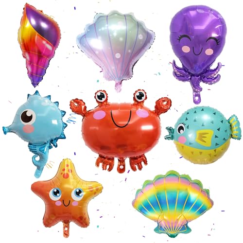 Meerestiere Folienballon Unterwasserwelt Luftballons Deko-Q-Version Seestern, Krabbe, Seepferdchen, Kugelfisch, Oktopus, Muscheln Und Meerestier Ballon Für Kinder Geburtstag Ozean Party Deko von batnite