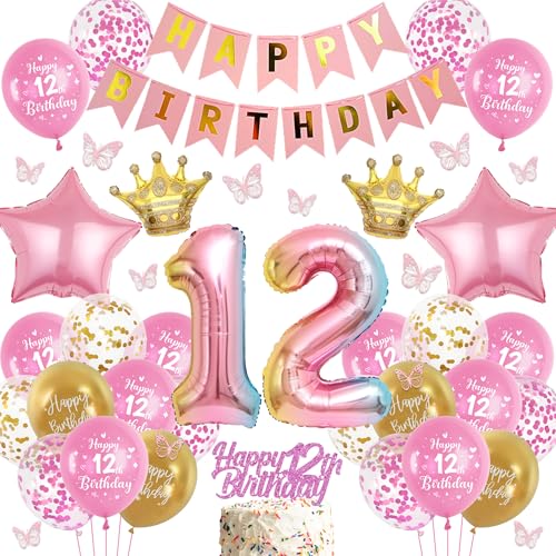 batnite Luftballon 12. Geburtstag Mädchen Rosa - Happy Birthday Banner und Riesen Bunt Folienballon Zahl 12, 3D Schmetterlinge und Tortendeko Geburtstagsdeko Ballon für 12 Jahre Geburtstag Deko von batnite