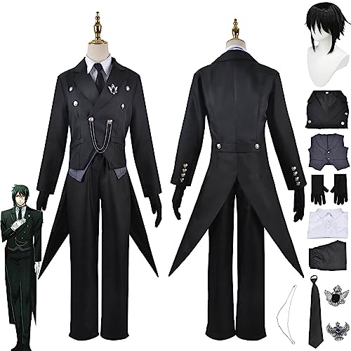 Anime Charakter Sebastian Michaelis Cosplay Kostüm Outfit Rollenspiel Uniform Komplettes Set Halloween Party Karneval Dress Up Anzug mit Perücke für Männer Jungen (M) von bbganlian