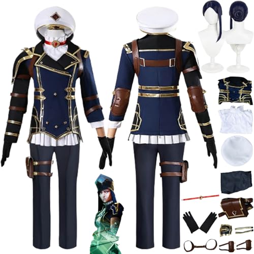 bbganlian Anime Arcane Season 2 Caitlyn Cosplay Kostüm Outfit Rollenspiel Vi Blau Uniform Komplettes Set Halloween Party Karneval Dress Up Anzug mit Hut Perücke für Damen (M) von bbganlian