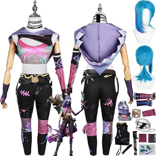 bbganlian Anime Arcane Season 2 Jinx Neue Haut Cosplay Kostüm Outfit Vi Caitlyn Rollenspiel Uniform Komplettes Set Halloween Party Karneval Dress Up Anzug mit Perücke für Frauen (XL) von bbganlian