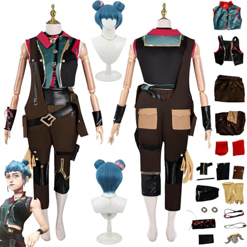 bbganlian Anime Arcane Season 2 Jinx Neue Haut Cosplay Kostüm Outfit Vi Rollenspiel Uniform Komplettes Set Halloween Party Karneval Dress Up Anzug mit Perücke Ohrclips für Frauen (S) von bbganlian