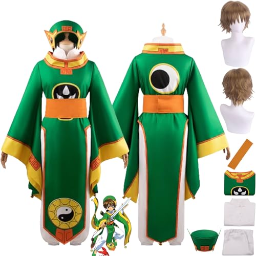 bbganlian Anime Card Captor Sakura Li Syaoran Cosplay Kostüm Outfit Rollenspiel Uniform Grüne Robe Komplettset Halloween Party Dress Up Anzug mit Perücke Hut für Männer Jungen (XXXL) von bbganlian