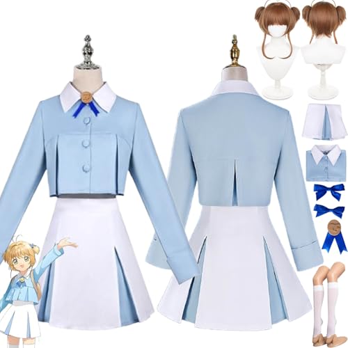 bbganlian Anime Cardcaptor Sakura Cosplay Kostüm Outfit Kinomoto Sakura Rollenspiel Uniform Komplettes Set Halloween Karneval Dress Up Anzug mit Perücke Kopfschmuck für Frauen (XXL) von bbganlian