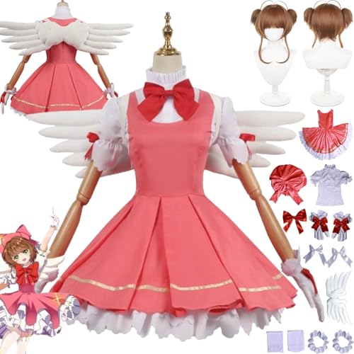 bbganlian Anime Cardcaptor Sakura Kinomoto Sakura Cosplay Kostüm Outfit Rollenspiel Uniform Komplettes Set Halloween Party Karneval Dress Up Anzug mit Perücke Hut Flügel für Frauen (XL) von bbganlian