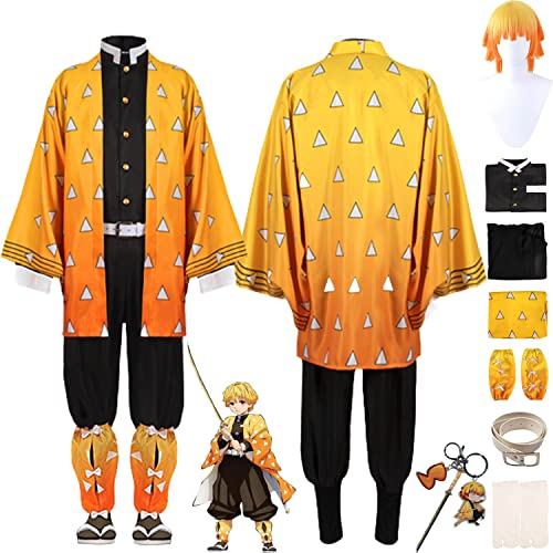 bbganlian Anime Charakter Agatsuma Zenitsu Cosplay Kostüm Outfit Dämonentöter Kanroji Mitsuri Komplettes Set Halloween Party Karneval Dress Up Anzug mit Perücke für Männer (S) von bbganlian