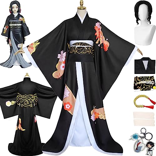 bbganlian Anime Charakter Kibutsuji Muzan Cosplay Kostüm Outfit Kimetsu No Yaiba Uniform Komplettes Set Halloween Party Dress Up Anzug mit Kopfschmuck Perücke für Frauen Mädchen (L) von bbganlian