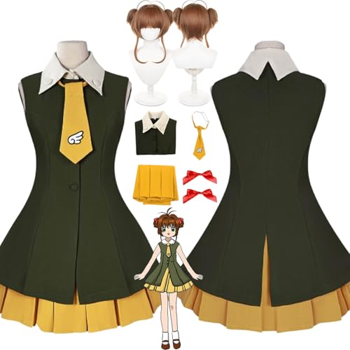 bbganlian Anime Charakter Kinomoto Sakura Cosplay Kostüm Outfit Card Captor Sakura Rollenspiel Uniform Komplettes Set Halloween Party Karneval Dress Up Anzug mit Perücke für Frauen (XS) von bbganlian