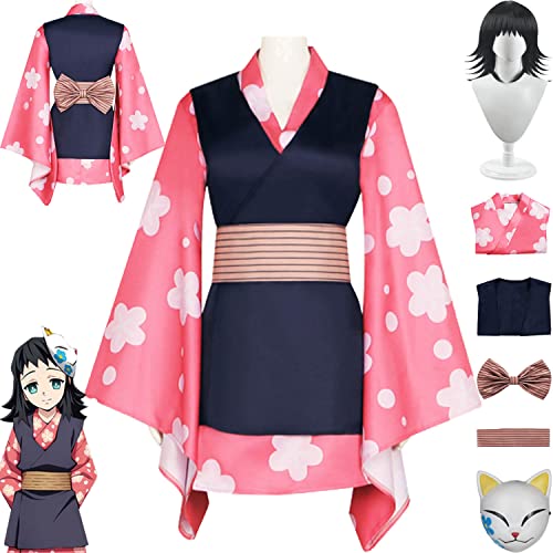 bbganlian Anime Charakter Makomo Cosplay Kostüm Outfit Demon Slayer Kanroji Mitsuri Uniform Komplettes Set Halloween Party Karneval Dress Up Anzug mit Perücke Maske für Frauen (XL) von bbganlian