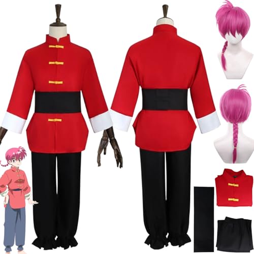 bbganlian Anime Charakter Tendou Akane Cosplay Kostüm Outfit Ranma 1/2 Uniform Rot Obere Hosen Komplettes Set Halloween Party Karneval Dress Up Anzug mit Perücke für Frauen (XXXL) von bbganlian