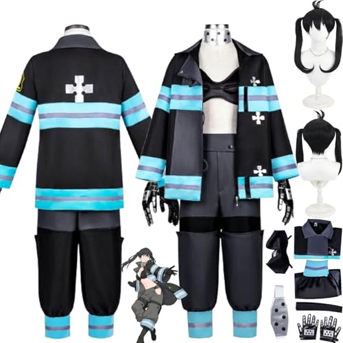 bbganlian Anime Fire Force Kotatsu Tamaki Cosplay Kostüm Outfit Shinra Kusakabe Rollenspiel Uniform Komplettes Set Halloween Party Karneval Dress Up Anzug mit Perücke für Frauen (XXXL) von bbganlian