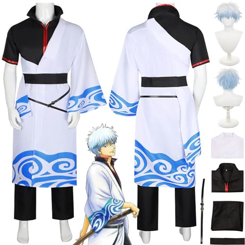 bbganlian Anime Gintama Sakata Gintoki Cosplay Kostüm Outfit Rollenspiel Uniform Komplettes Set Halloween Karneval Party Dress Up Anzug mit Perücke für Männer (XXXL) von bbganlian