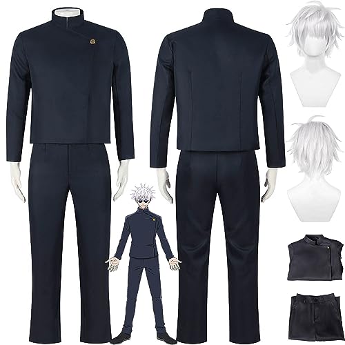 bbganlian Anime Gojo Satoru Cosplay Kostüm Outfit Jujutsu Kaisen Staffel 2 Uniform Top Hosen Komplettes Set Halloween Karneval Party Dress Up Anzug mit Perücke für Männer Jungen (L) von bbganlian