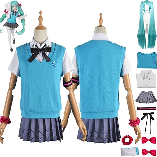 bbganlian Anime H'atsune M'iku 16th Anniversary Cosplay Kostüm Outfit Rollenspiel Uniform Komplettes Set Halloween Party Karneval Dress Up Anzug mit Kopfschmuck Perücke für Frauen (XXXL) von bbganlian