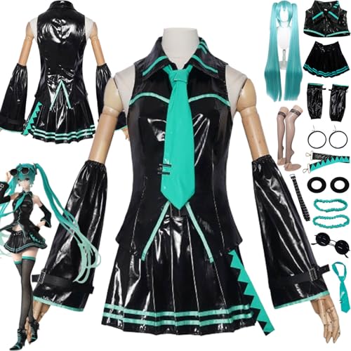 bbganlian Anime H'atsune M'iku Cosplay Kostüm Outfit Rollenspiel Uniform Komplettes Set Halloween Party Karneval Dress Up Anzug mit Kopfschmuck Perücke Gläser Ohrclip für Frauen (M) von bbganlian