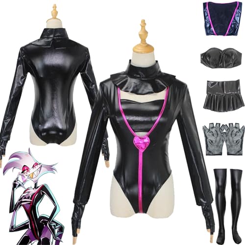 bbganlian Anime Hazbin Hotel Angel Dust Cosplay Kostüm Outfit Rollenspiel Schwarz Uniform Leder Jumpsuit Komplettes Set Halloween Carnival Party Dress Up Anzug für Frauen Mädchen (XS) von bbganlian