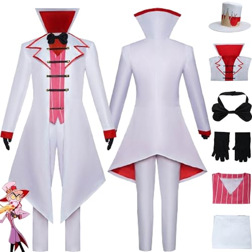 bbganlian Anime Hazbin Hotel Lucifer Morningstar Cosplay Kostüm Outfit Role Paly Uniform Weiß Jacke Full Set Halloween Karneval Party Dress Up Anzug mit Hut für Männer Jungen (XL) von bbganlian