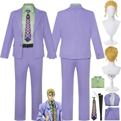 bbganlian Anime JoJo's Bizarre Adventure Kira Yoshikage Cosplay Kostüm Outfit Rollenspiel Uniform Komplettes Set Halloween Party Karneval Dress Up Anzug mit Perücke für Männer (S) von bbganlian