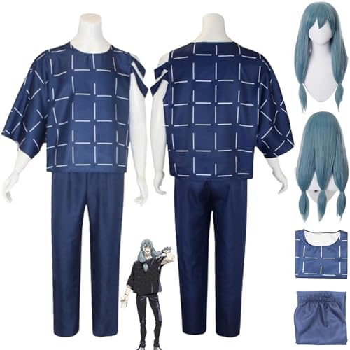 bbganlian Anime Jujutsu Kaisen Mahito Cosplay Kostüm Outfit Fushiguro Toji Blue Uniform Komplettes Set Halloween Karneval Party Dress Up Anzug mit Perücke für Männer Jungen (L) von bbganlian