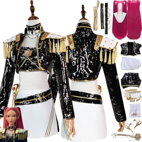 bbganlian Anime KPop Demon Hunters Mira Cosplay Kostüm Outfit Zoe Rumi Rollenspiel Uniform Komplettes Set Halloween Party Karneval Dress Up Anzug mit Perücke Ohrringe für Frauen (S) von bbganlian