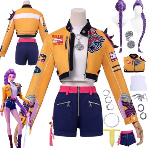 bbganlian Anime KPop Demon Hunters Rumi Cosplay Kostüm Outfit Mira Rollenspiel Uniform Komplettes Set Halloween Party Karneval Dress Up Anzug mit Perücke Ring Ohrringe für Frauen (S) von bbganlian