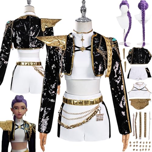 bbganlian Anime KPop Demon Hunters Rumi Cosplay Kostüm Outfit Mira Zoe Rollenspiel Uniform Komplettes Set Halloween Party Karneval Dress Up Anzug mit Perücke Ohrringe für Frauen (S) von bbganlian