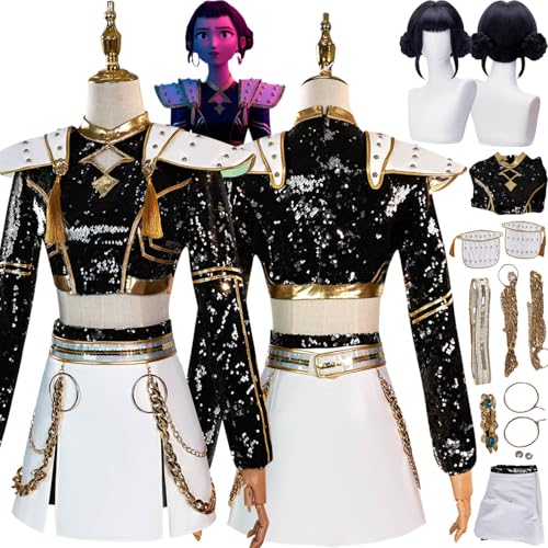 bbganlian Anime KPop Demon Hunters Zoe Cosplay Kostüm Outfit Mira Rumi Rollenspiel Uniform Komplettes Set Halloween Party Karneval Dress Up Anzug mit Perücke Ohrringe für Frauen (XL) von bbganlian