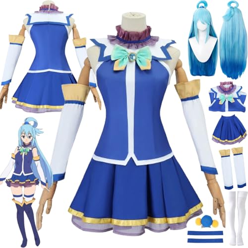 bbganlian Anime KonoSuba God's Blessing On This Wonderful World Cosplay Kostüm Outfit Aqua Uniform Komplettes Set Halloween Party Karneval Dress Up Anzug mit Perücke für Frauen (XL) von bbganlian
