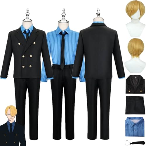bbganlian Anime One Piece Sanji Cosplay Kostüm Outfit Monkey D. Luffy Rollenspiel Schwarz Uniform Komplettes Set Halloween Karneval Party Dress Up Anzug mit Perücke für Männer (M) von bbganlian