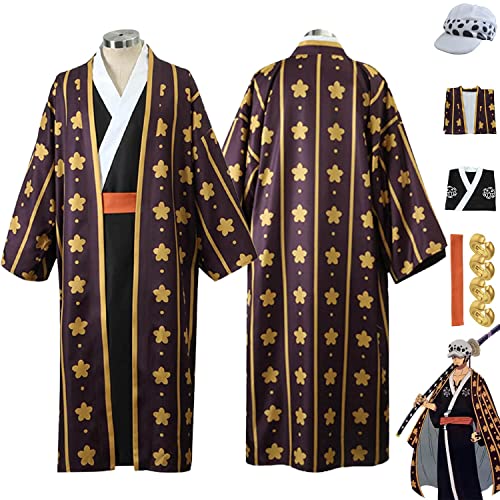 bbganlian Anime One Piece Trafalgar D Water Law Cosplay Kostüm Outfit Wano Kuni Country Uniform Komplettes Set Halloween Party Karneval Dress Up Anzug mit Ohrringen Hut für Männer (XXL) von bbganlian