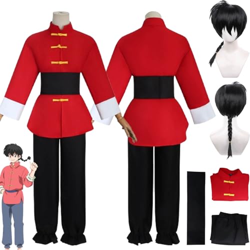 bbganlian Anime Ranma 1/2 Tendou Akane Cosplay Kostüm Outfit Rollenspiel Uniform Rot Obere Hosen Komplettes Set Halloween Party Karneval Dress Up Anzug mit Perücke für Männer (L) von bbganlian