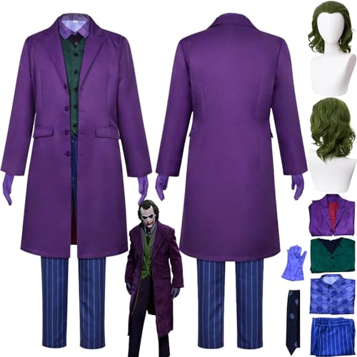 bbganlian Film Charakter Joker Cosplay Kostüm Outfit The Dark Knight Rollenspiel Uniform Komplettes Set Halloween Party Karneval Dress Up Anzug mit Perücke für Männer (XXL) von bbganlian