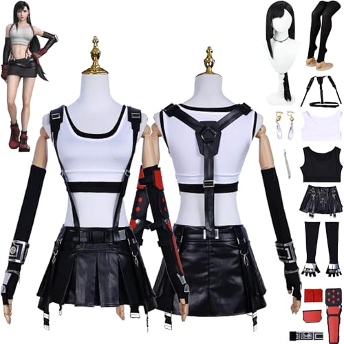 bbganlian Final Fantasy VII Remake Tifa Lockhart Cosplay Kostüm Outfit Spiel Uniform Komplettes Set Halloween Karneval Party Dress Up Anzug mit Perücke Ohrringe für Frauen Mädchen (M) von bbganlian