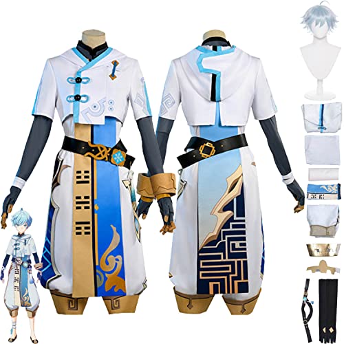 bbganlian Genshin Impact Chongyun Cosplay Kostüm Outfit Spielcharakter Kinich Focalors Uniform Komplettes Set Halloween Karneval Party Dress Up Anzug mit Perücke für Männer (XXL) von bbganlian