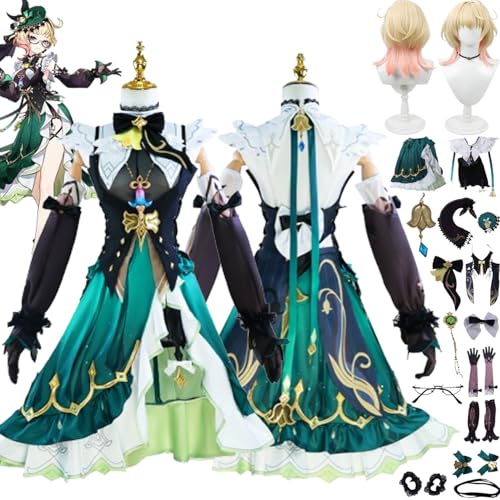 bbganlian Genshin Impact Emilie Cosplay Kostüm Outfit Spielcharakter Uniform Komplettes Set Halloween Karneval Dress Up Anzug mit Perücke Kopfschmuck Brille für Frauen Mädchen (L) von bbganlian
