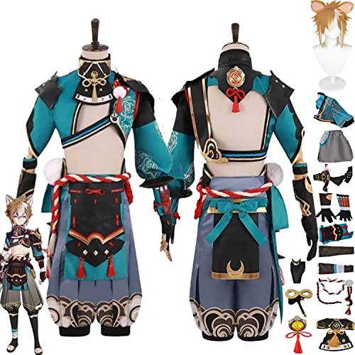 bbganlian Genshin Impact Gorou Cosplay Kostüm Outfit Spielcharakter Kinich Uniform Komplettes Set Halloween Karneval Party Dress Up Anzug mit Perücke Kopfschmuck für Männer (L) von bbganlian