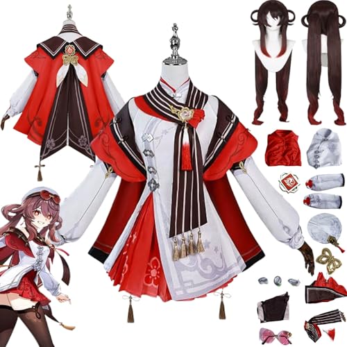 bbganlian Genshin Impact Hu Tao Neue Haut Cosplay Kostüm Outfit Spielcharakter Uniform Komplettes Set Halloween Karneval Party Dress Up Anzug mit Perücke Hut Brille für Frauen (S) von bbganlian