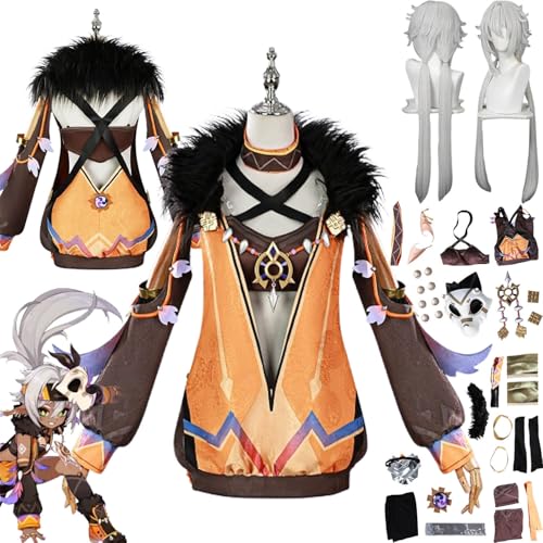 bbganlian Genshin Impact Iansan Cosplay Kostüm Outfit Spielcharakter Uniform Komplettes Set Halloween Karneval Dress Up Anzug mit Perücke Maske Elfenohren Kopfschmuck für Frauen (L) von bbganlian