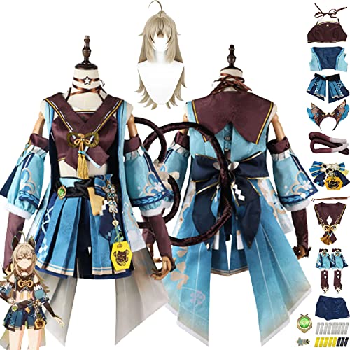 bbganlian Genshin Impact Kirara Cosplay Kostüm Outfit Spielcharakter Navia Uniform Komplettset Halloween Party Karneval Dress Up Anzug mit Perücke Kopfschmuck Schwanz für Frauen (L) von bbganlian