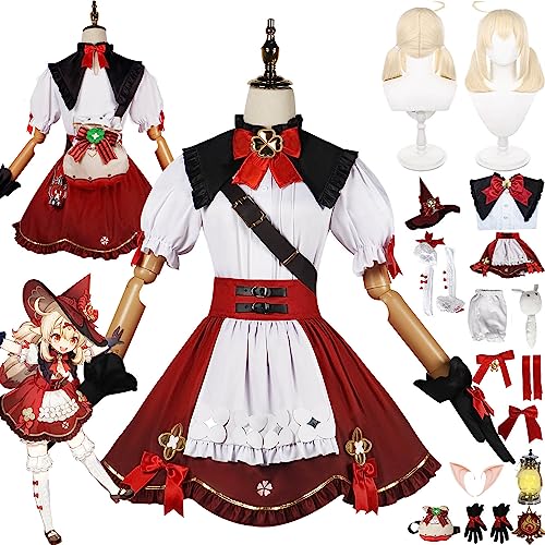 bbganlian Genshin Impact Klee Neue Haut Cosplay Kostüm Outfit Spiel Charakter Uniform Full Set Halloween Dress Up Anzug mit Perücke Hut Elfenohren Kopfschmuck für Frauen Mädchen (M) von bbganlian